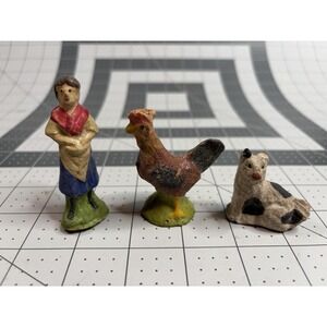 Lot of 3 Composition Dollhouse Miniatures Woman Chicken Dog Germany Putz ?